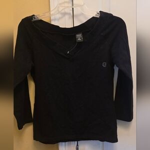 New York & Company Womens Black V-neck Three Quarter Sleeve Blouse Tee Y2k